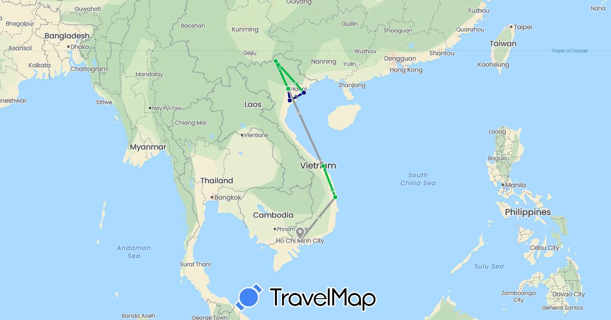 TravelMap itinerary: driving, bus, plane in Vietnam (Asia)